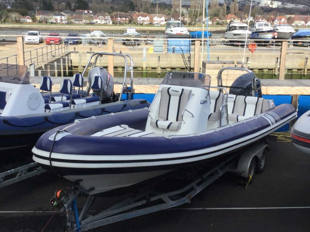 Click to see Used Cobra 7.5 RIB with Yamaha F250AETX engine and trailer.